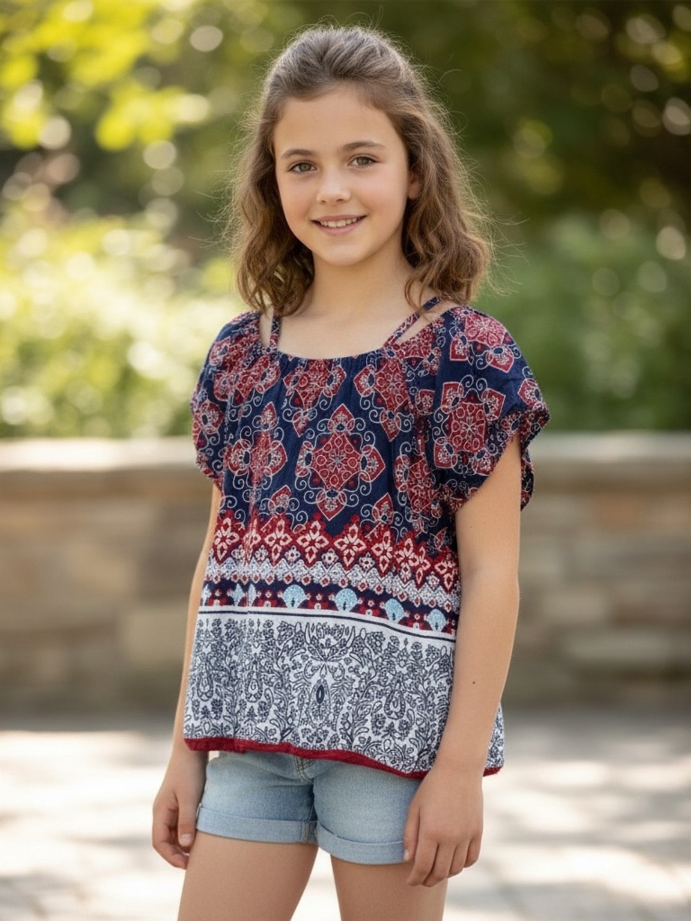 Girls' Navy and Red Printed Short-Sleeve Peasant Top